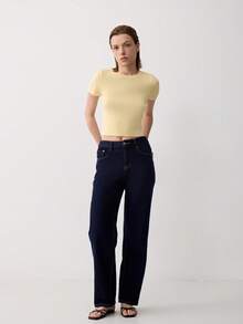 Women's Summer Butter Yellow Short Sleeve Casual Knit Cropped T-Shirt - Yellow - View 6