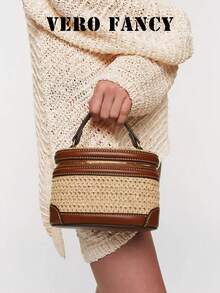 Simple And High-End Retro Spliced Straw Woven Box Bag, Multi Back Method Fashionable And Practical Texture Personalized Shoulder Handbag, Detachable Shoulder Strap Design, Suitable For Beach Vacation And Daily Travel - Brown - View 1