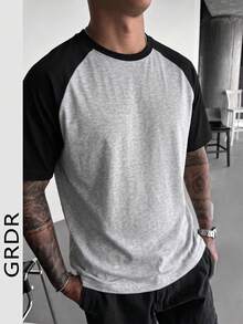 GRDR Men's Summer Raglan Color Block Casual Daily Commute American Vintage Round Neck Short Sleeve T-Shirt | Comfortable & Fashionable - Grey - View 2