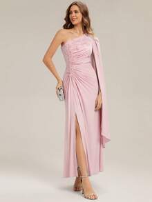 EVERPRETTY Women's V Neck Ruched High Slit Asymmetric Wedding Guest Dress Suitable For Wedding Semi Formal Evening - Pink - View 6