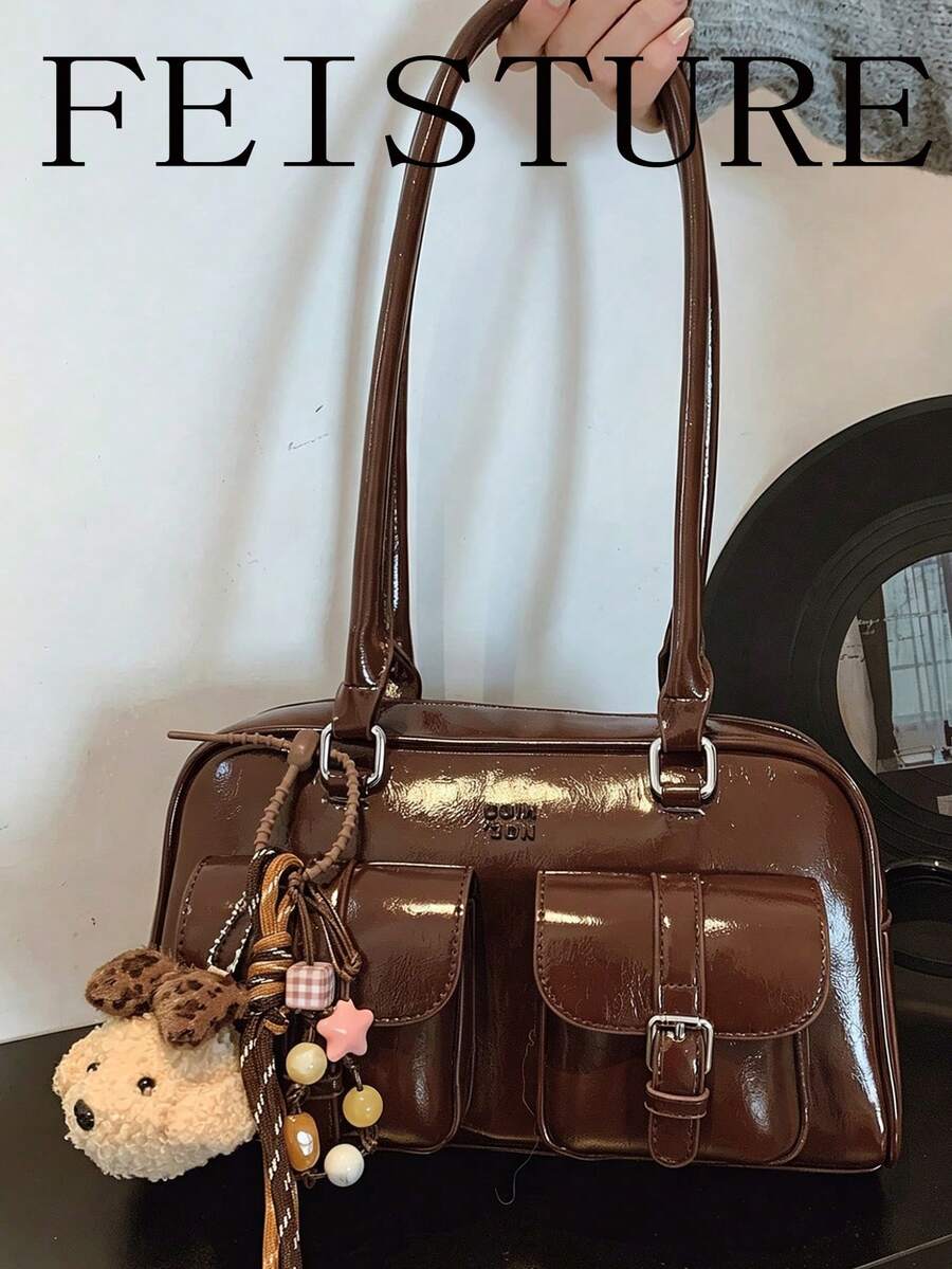 1个纯色PU多口袋保龄球包，女士单肩/腋下包，带吊坠，适合购物、约会、作为女士礼物，适合少女、大学生、初学者和白领，非常适合办公室、学校、工作、通勤等场合。