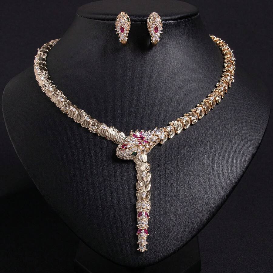 3pcs/1set Nigerian Women Dubai Gold Snake Style Jewelry Set Includes Bridal Necklace, Earrings, Clothing And Jewelry, Ideal Gift For Wedding Dresses