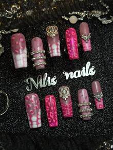10pcs Handmade Fully Covered Long Square Nails Press On Nails, Pink Nails, 3D Rhinestone&Leopard&Zebra Print Decor, Y2K Sweet And Cool Hot Girl Style, Removable And Reusable False Nails For Party, Daily Wear & Cosplay, With Jelly Glue And Nail File - Pink - View 2