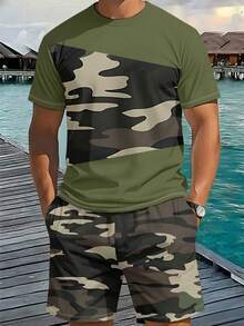 Men's 3D Numeric Print Round Neck Short Sleeve Set, Outdoor Cargo Style Style Camouflage Print Patchwork 2-Piece Outfit, Suitable For Fashionable Individuals Pursuing Personalized And Strength, Essential For Men In Summer - Multicolor - View 2