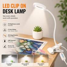 白色 5X 放大燈附夾子,3 種顏色模式,10 級亮度,USB 鵝頸 LED 燈,適用於閱讀、鑽石畫、美甲、縫紉、手工藝、珠寶製作、電子維修和近距離操作 - 白色放大鏡 - 查看 11