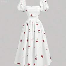 jianchaimaoyi02  MOD Vestido con manga abullonada, pliegues en el pecho, cintura fruncida y aplicación de flores rosas en la base - Blanco - Ver 2