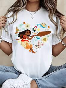 Disney Women Short Sleeve  T Shirt Black Moana Heart Design With Characters And Flowers For Casual Wear - 白色 - 查看 1