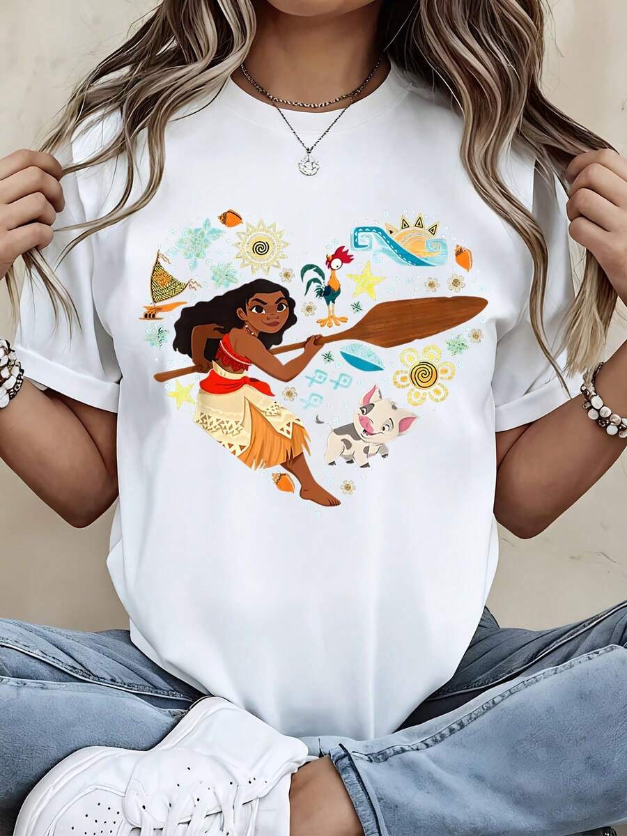 Disney Women Short Sleeve  T Shirt Black Moana Heart Design With Characters And Flowers For Casual Wear - 白色 - 查看 1