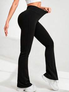 Women's High-Waisted Flannel Flare Pants In Fleece-Lined Thermal Spandex - Black - View 4