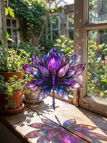 Blue Lotus Dragonfly Dreamcatcher, 2D Acrylic Wall Hanging, Purple Stained Glass Style, Window & Home Decor, Dreamy Starry Art, Boho Aesthetic, Light Catcher Ornament, Indoor Outdoor Decoration - Set - View 5