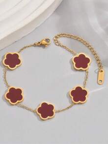 1pc Black Oil Drip Luxury Elegant 5-Petal Flower Bracelet, Suitable For Women's Daily Wear - Oil-dripping Minimalist 5-leaf Clover - View 9