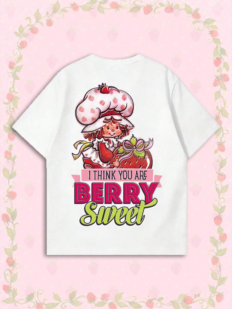 女款夏季T恤,可愛「Berry Sweet」印花寬鬆休閒風,適合日常甜美造型,白色 - 白色 - 查看 1