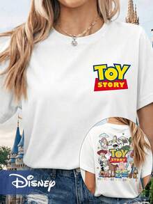 Disney Official Licensed Toy Story Full Character Print T-Shirt For Women, Double-Sided Graphic Tee, 100% Cotton Casual Top - 白色 - 查看 1