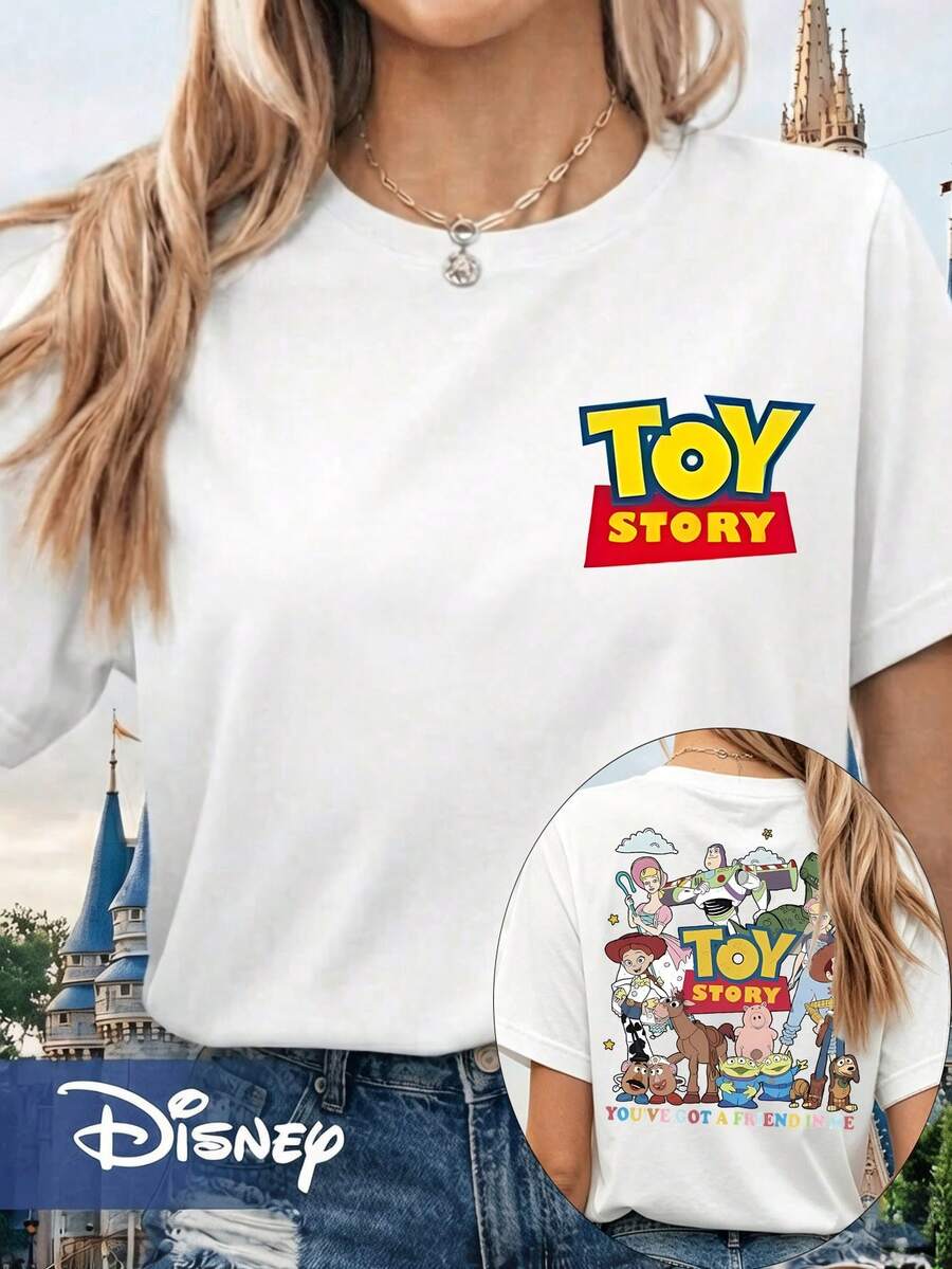 Disney Official Licensed Toy Story Full Character Print T-Shirt For Women, Double-Sided Graphic Tee, 100% Cotton Casual Top - 白色 - 查看 1