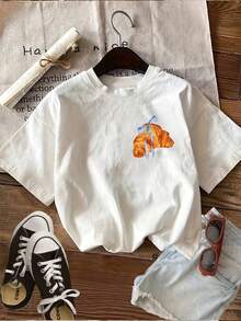 Minimalist. 100% Cotton. 1 Piece. Women's T-Shirt With Double-Sided Print, Illustration Style, Coffee Print, Croissant, Glasses, Casual, Crew Neck, Short Sleeve, Summer Top. Spring/Summer Top. - 白色 - 查看 3