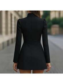 Vestido corto de manga corta, cuello alto, botones simples, de color liso, elegante y favorecedor para la figura - Negro - Ver 3