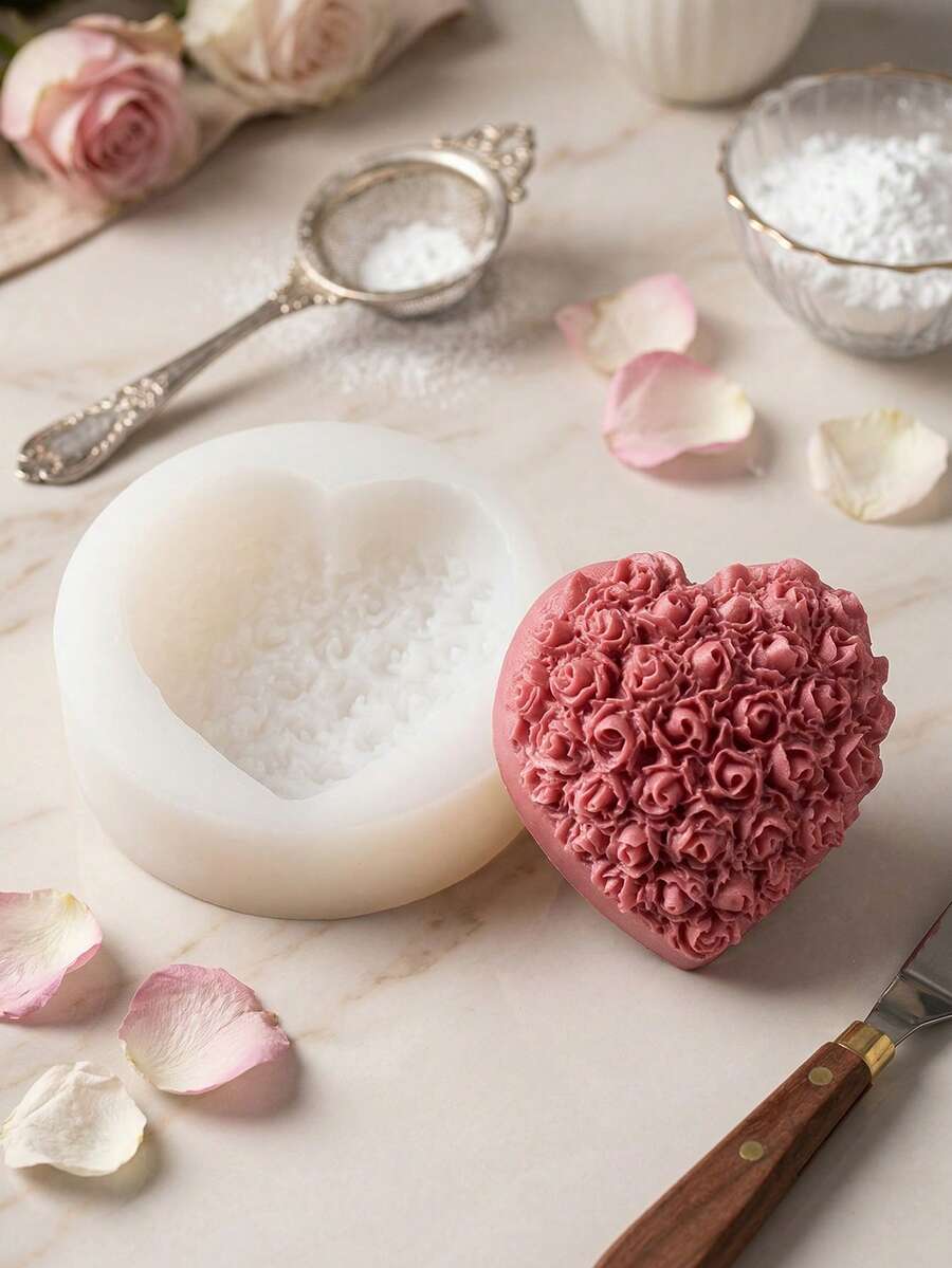 1pc Heart Rose Silicone Mold, Suitable For Cake Decoration, Chocolate, Pudding, Candy Silicone Mold - Multicolor - View 1