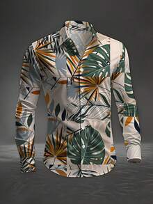 Standard Size Men's Long Sleeve Printed Shirt With Tropical Plant Pattern Collage, Fashion Casual Button- Collar Shirt, Men's Long Sleeve Shirt, Digital Print Versatile Regular Fit Dress Shirt, Comfortable Work Clothes For Men - 彩色 - 查看 2