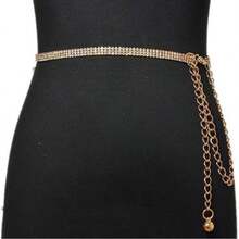 Multi-Strand Rhinestone Waist Chain, Adjustable Tassel Extension Chain, Sparkling Rhinestone Waist Accessory, Evening Party Jewelry, Metal Pendant Chain - Gold - View 3