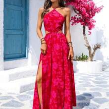 yonghongmaoyi1  Vestido holgado sin espalda con estampado romántico de vacaciones casuales de verano para mujer - Rosa - Ver 1