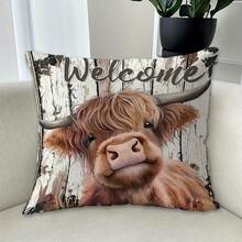1/2/4Pcs Highland Cow Welcome Throw Pillow Cover, Rustic Farmhouse Style Peach Skin Velvet Pillowcase, Decorative For Sofa & Chair, All-Season Indoor/Outdoor Home Decor, Pillow Insert Not Included - Multicolor - View 3