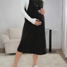 WNSS  Vestido casual suelto con bolsillo y tirantes de unicolor para mujeres embarazadas, para primavera y otoño, para maternidad - Negro01 - Ver 6