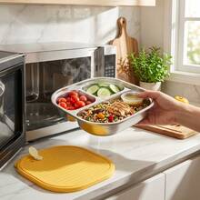 Compartment Square Dinner Plate With Lid, Stackable 304 Stainless Steel Food Containers, Reusable Tableware, Food Tray, Suitable For Student & Adult, Use In Home, School, Office, Restaurant, Canteen, Dishwasher & Microwave Allowable - Multicolor - View 3