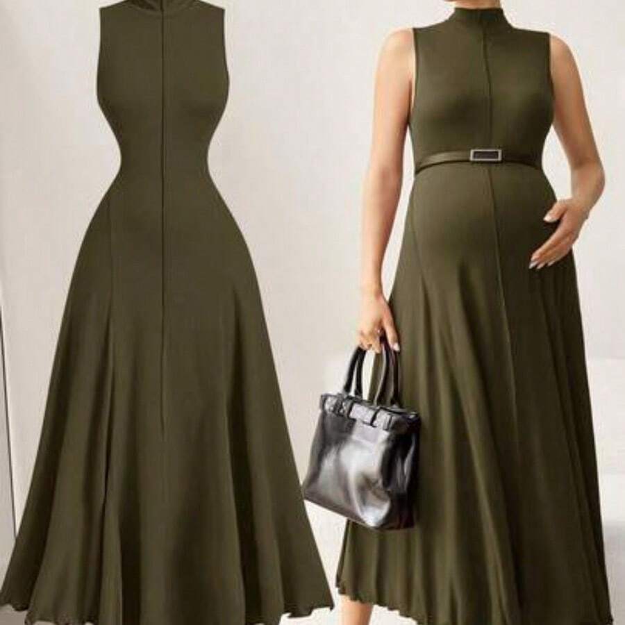 MaterniWear Vestido de maternidad de unicolor, cuello alto, holgado, informal, sin mangas para vacaciones - Verde - Ver 1
