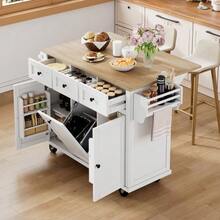 Mobile Kitchen Island On Wheels, Extendable Dining Area, With Bin And Drawers, Ideal For The Kitchen And Dining Room (White) - White - View 4