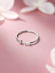 1 pieza Anillo abierto de plata de ley S925 con doble strass ultra fino, estilo minimalista de nicho frío, anillo apilable pequeño y exquisito personalizado, adecuado para el uso diario de las chicas, accesorio de mano versátil y casual para combinar con todo - cuadrado - Ver 9