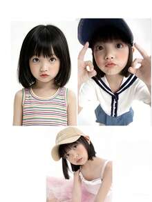 Fashion Short Bob Wig Full Head Cover Children's Styling Short Wig Cap - 黑棕色 - 查看 4