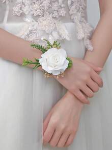1 pieza/6 piezas Rosa blanca Alan con cuentas doradas y bayas verdes, follaje artificial estilo Mori, elegante corsage de muñeca, adecuado para novia, dama de honor, madre, suegra - Blanco - Ver 2