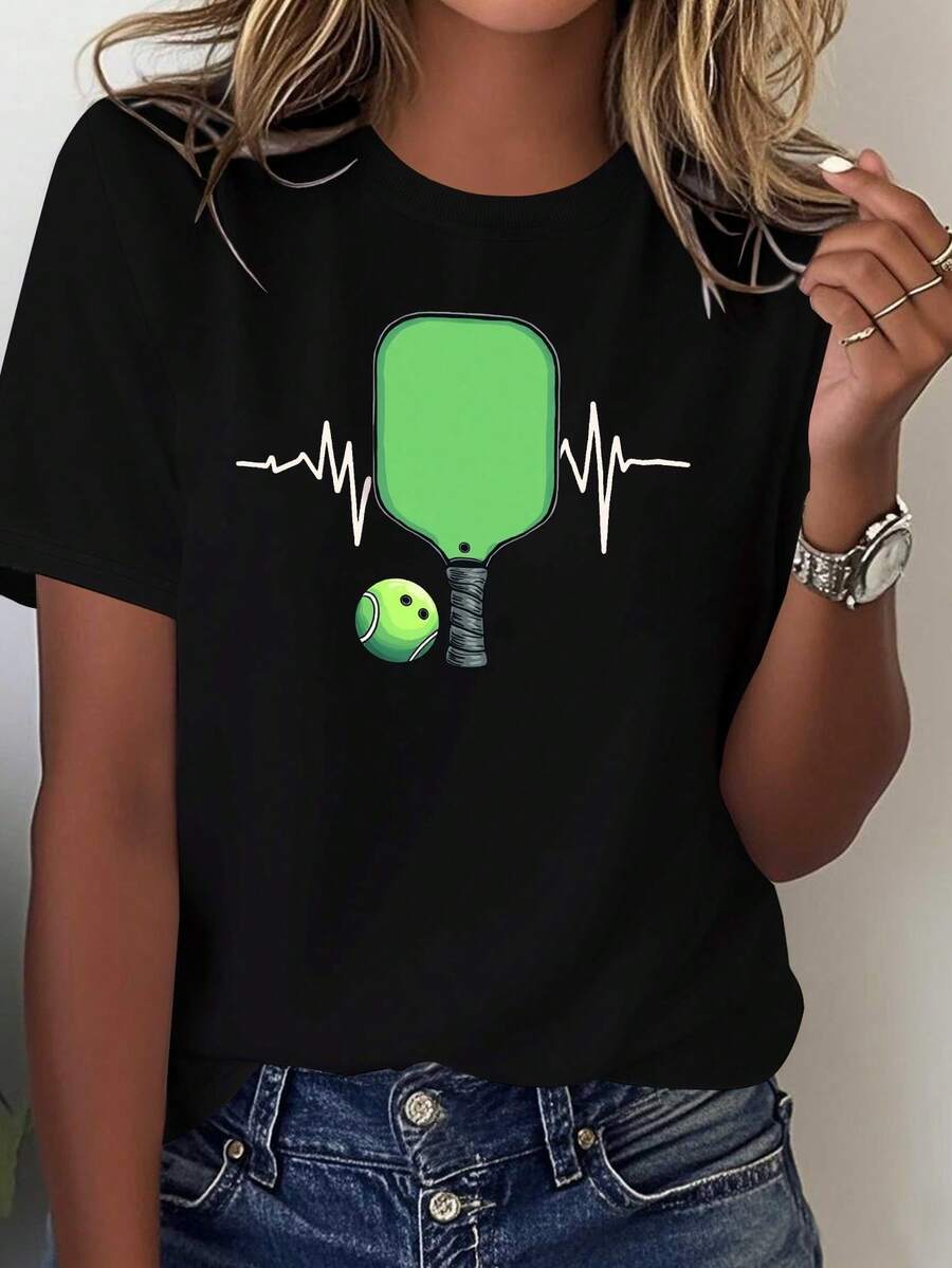 Women's Pickleball T-Shirt - 100% Comfortable, Featuring A Racket And Ball Design, Heartbeat Lines, And Racket Prints. Casual Crew Neck, Perfect For Pickleball Enthusiasts. Suitable For All Seasons. Green And Black, Machine Washable, Loose Fit, Geometric Design, Breathable Fabric, Suitable For Casual Wear And Activities. 100% Cotton - 黑色 - 查看 1