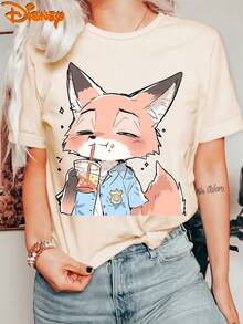 Disney Zootopia Nick Wilde Fox Drink Bubble Tea Cartoon 100% Cotton Crew Neck Short Sleeve Kawaii Graphic Tee For Women Casual Daily Shirts Gift - 杏色 - 查看 1