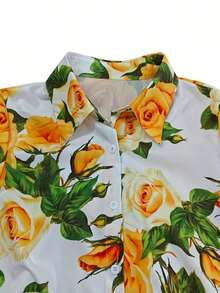 Elegant Women's Floral Print Dress With Short Sleeves, Lapel Collar, And Fitted Waist - Romantic Rose Design, Perfect For Spring Outings, Garden Parties, And Casual Events | Garden Party Dress | Floral Print Dress | Stylish Dress - 橘色 - 查看 5