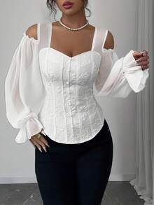 Fashionable Open-Style Design With Long Floral Jacquard Sleeves And Adjustable Shoulder Straps - White - View 2