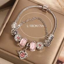 1 pieza Pulsera de cuentas con alas de ángel de cristal rosa estilo dulce con cadena de serpiente plateada, accesorio versátil para uso diario - Pulsera con alas de ángel - Ver 5