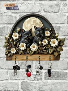 Black Cat Theme Wooden Key Holder, Multi-Functional Wooden Home Decor Wall-Mounted Key Storage Rack, Creative Cat-Shaped Storage Shelf, Entryway Hook, Wall Decor, Porch Decor, Room Decor, Villa Decor, All-Season Home Decor, 2D Flat Design, 1pc - Two Black Cats - View 3