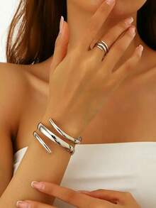2pcs Minimalist Luxury Smooth Line Stainless Steel Bangle & Gold Ring Set, Fashionable Versatile Elegant Accessories Suitable For Women's Daily Wear - Gold - View 3