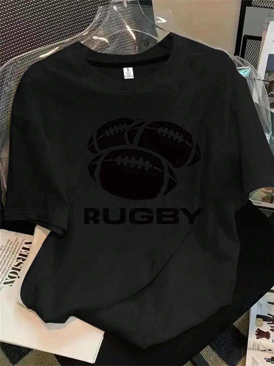 Camiseta de mujer de manga corta y cuello redondo con estampado del logo del equipo de rugby, apta para todas las estaciones. - Negro - Ver 1