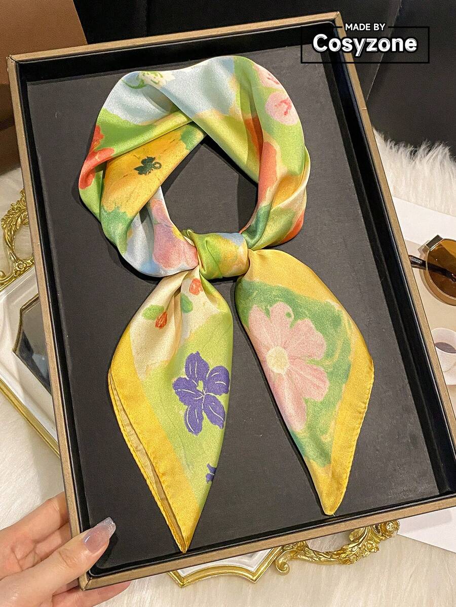 1件仿絲優雅花卉印花70cm小方巾女式頭巾時尚百搭腰帶領巾圍巾絲巾領帶髮飾適合日常穿搭 - 黃色 - 查看 1