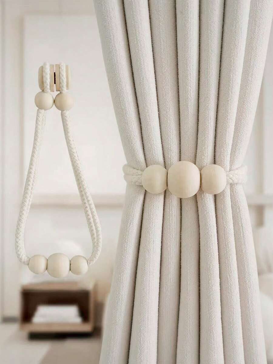 1pc/2pcs Bohemian Style Curtain Tieback Rope Accessories With Wooden Beads, Tassel/Magnetic, Home Decor Suitable For Living Room, Bedroom, Kitchen - Beige - View 1