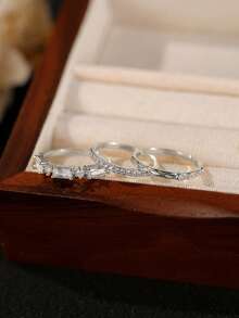 Gift Box Set 3pcs Silver Ring Combination, Twisted Band, Full Rhinestone Band And Rectangular Diamond Cluster Ring, Stackable Fashion Rings For Women - Silver - View 5
