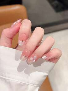 10pcs Handmade Press On Nails, Nude Cat Eye With 3D Flower Decoration, Short Oval Fake Nails For Daily Wear - Multicolor - View 7