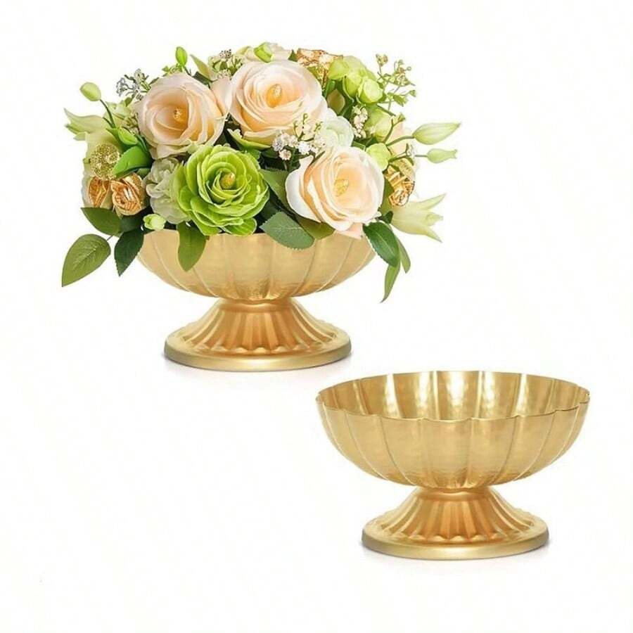 2/4pcs White & Gold Vases For Wedding Centerpieces, Vintage Gold Composite Vases | Elegant Table Decor For Parties And Home - Lotus Flower Vase - View 1