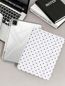 波點白色平板保護殼，相容 iPad Mini6/Mini7/Air/Air2/9.7/10.2/10.5/10.9 (Air4-Air8)/Pro 11/10th Gen/A16/Pro 11 2024 機型，彩繪圖案平板保護殼配透明壓克力背殼，三折支架，自動休眠/喚醒，內建筆槽，不含筆，部分機型附相機框 - 黑與白 - 查看 3