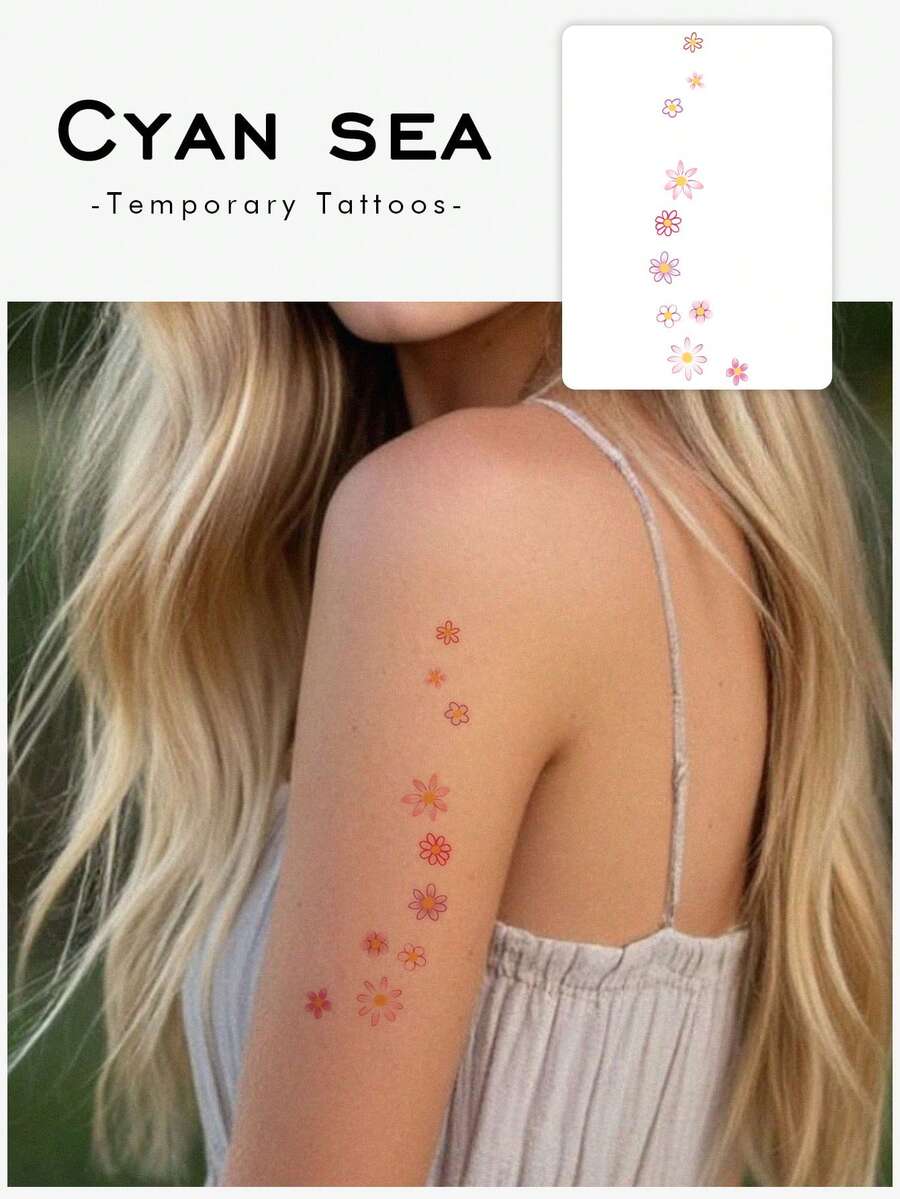 1pc Fresh Gradient Pink Purple Little Daisy Vertical Pattern Tattoo Sticker, Temporary Tattoo Sticker, Simulated Tattoo Design, Suitable For Travel, Music Festival, Games, Graduation Gifts, Lasts For 3-5 Days - Multicolor - View 1