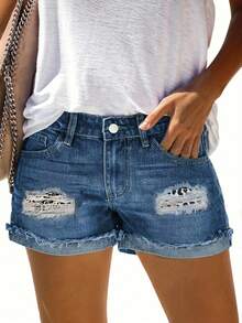 Women's Leopard Print Applique Washed Denim Shorts Casual Vacation Summer - Blue - View 2