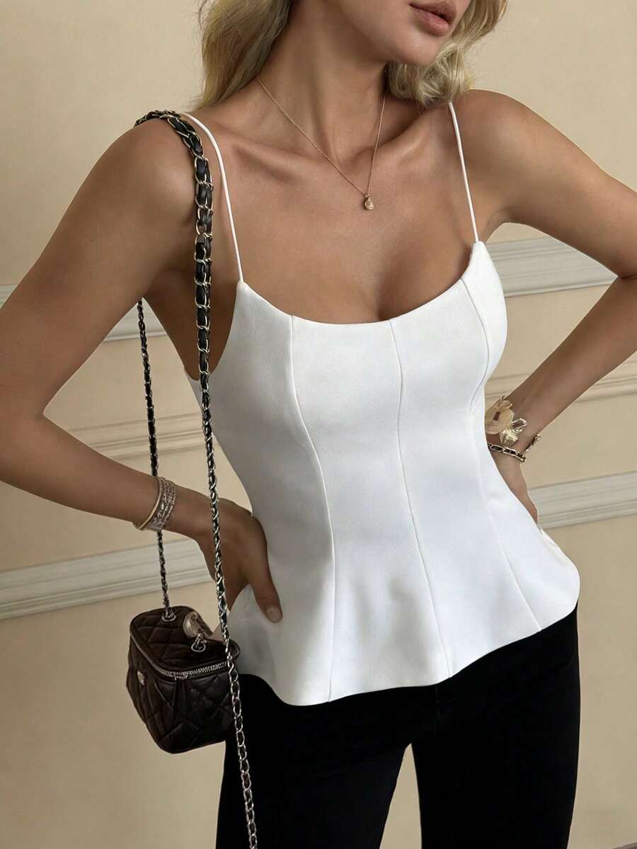 New Spring Y2K Women's Black Camisole Top, French Square Neck Fitted With Ruffle Hem, Elegant Sleeveless Open Back Crop Top, Summer Casual - 白色 - 查看 1