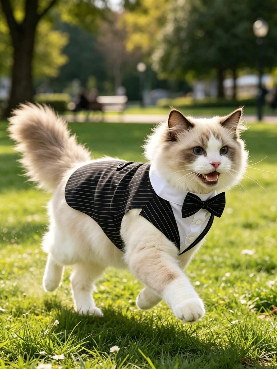 1 Set Pet Formal Wear (With Bow Tie) All-Season Wearable Handsome Fashion Suit + Bow Tie Pet Clothing (Suitable For Dogs And Cats) Can Be Given As A Gift, Suitable For Various Occasions - Black - View 1